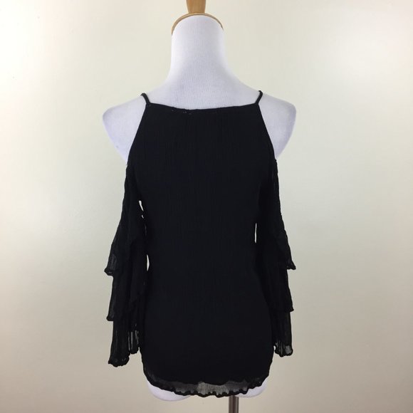 MAEVE Anthropologie Black Crepe Chiffon Cold Shoulder Ruffle Sleeve Button Shirt - Picture 9 of 10
